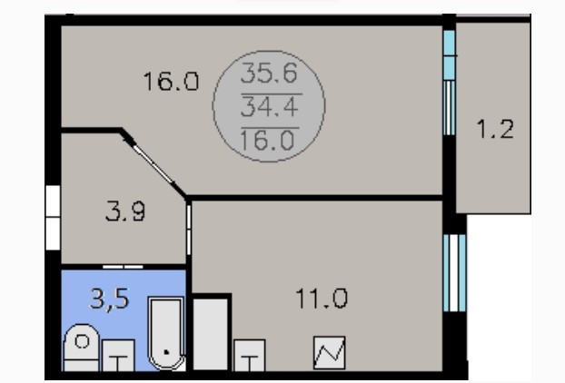 Однокомнатная квартира 35.6 м²